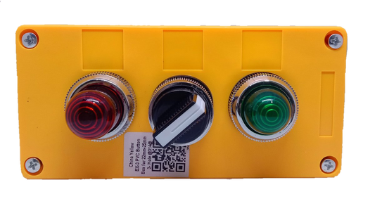 Auspicious industrial selector switch 220V red green with red and green pilot lights in yellow enclosure