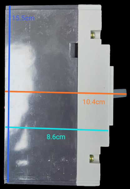 Chint 100A Industrial Circuit Breaker 2 Pole with metal and white plastic casing and dimensions shown