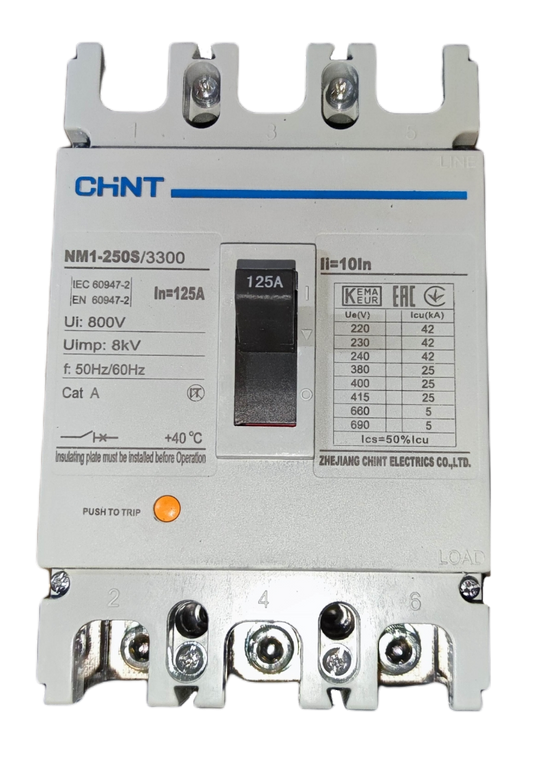 Chint 125A 3 Pole Industrial Circuit Breaker with 800V rating and multiple voltage specifications