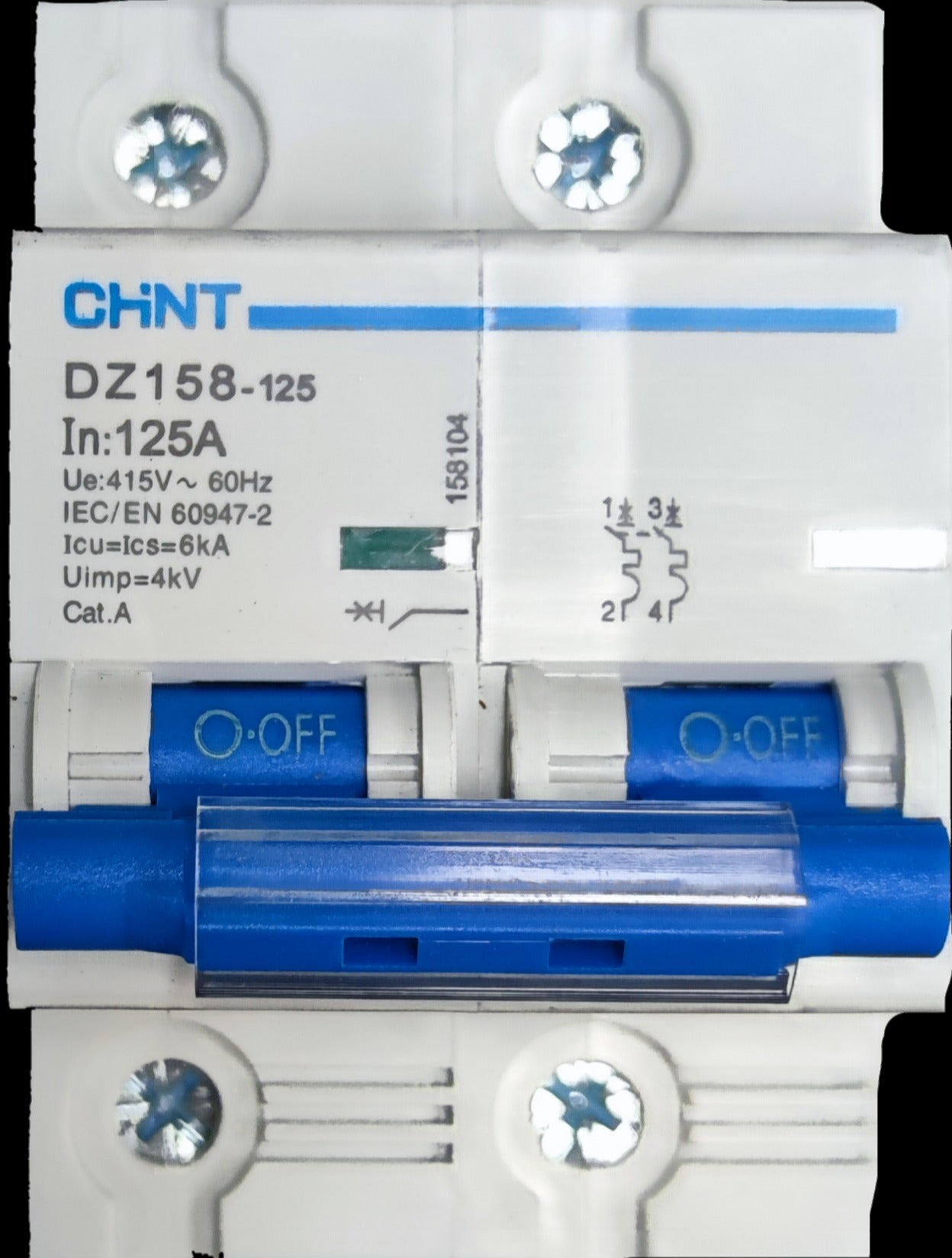 CHINT 125A MCB DIN rail circuit breaker with blue switches and white casing