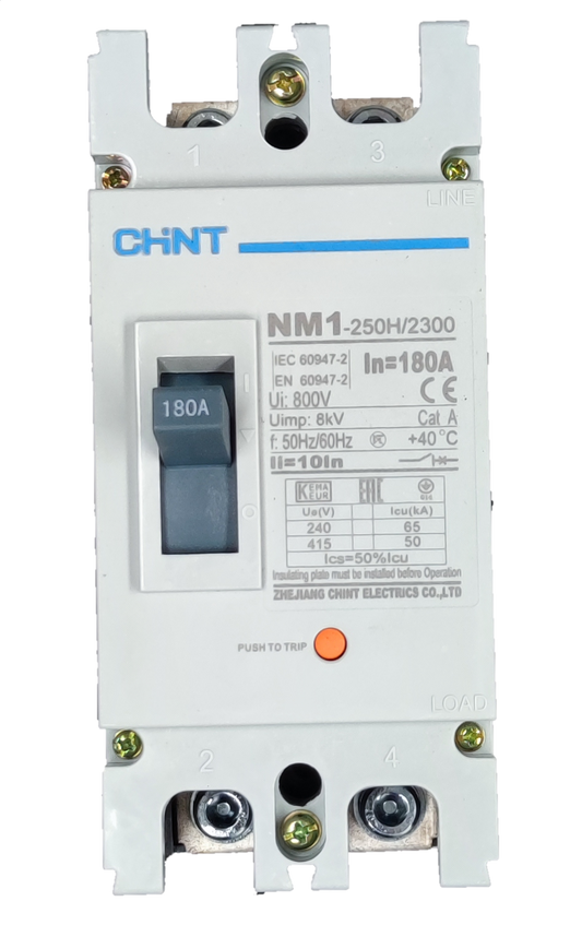 Chint 180A 2 pole single phase breaker 220V with switch and technical specifications on white casing
