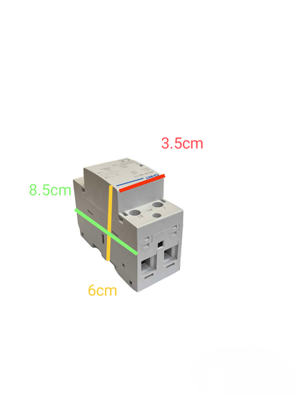 Chint 2 pole 40A din rail contactor showing front and side views with dimensions