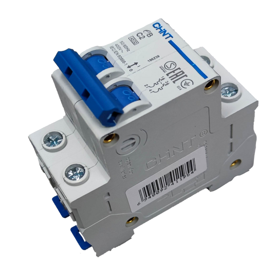 CHINT 2 pole MCB 2A 220V circuit breaker with blue toggle switches for electrical safety