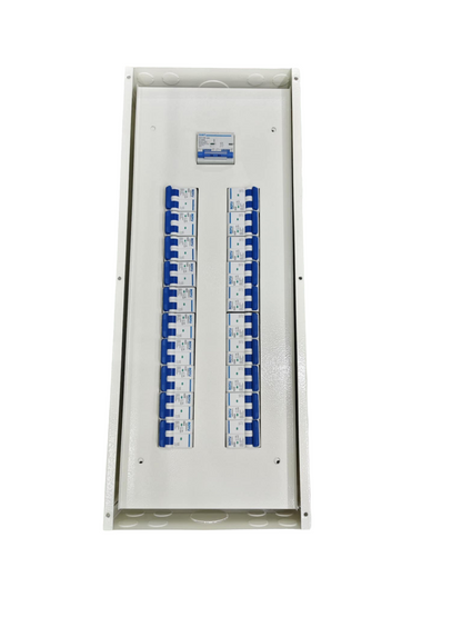 Chint 2 pole panel board electrical circuitry with multiple circuit breakers in white casing