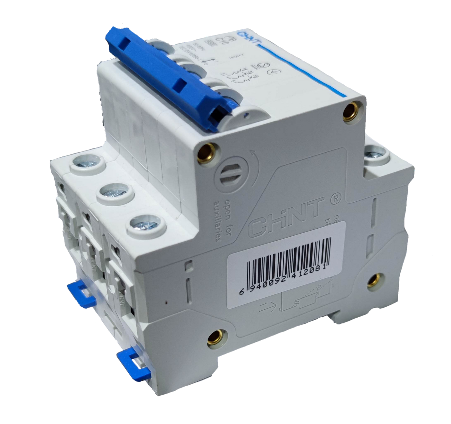 CHINT 20A 3 pole circuit breaker in white with blue toggle switch for electrical protection