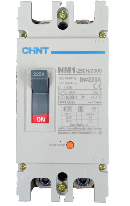 Chint 225A industrial circuit breaker with a clear ON/OFF switch and detailed specifications