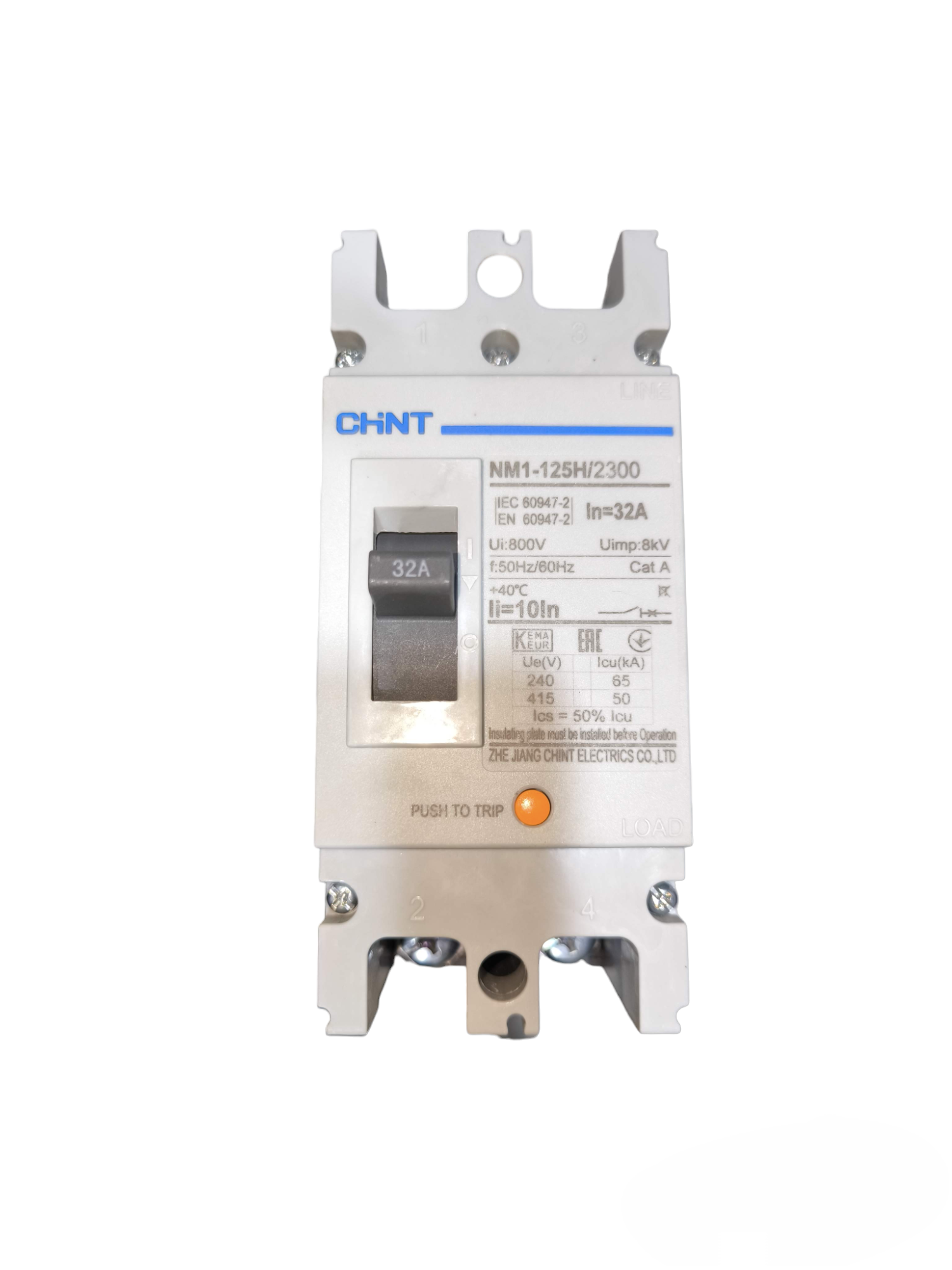 Chint 32A industrial circuit breaker white electrical component with switch and specifications label