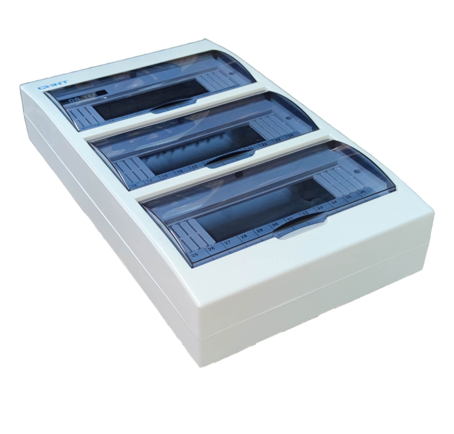 Chint 36 ways panel board for MCB with three transparent covered sections for circuit breakers