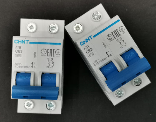 Chint 63A 2 pole miniature circuit breaker with blue switch for electrical protection