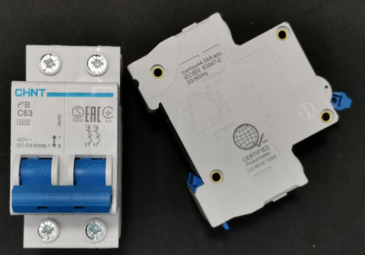 Chint 63A 2 pole miniature circuit breaker with blue switches for electrical safety