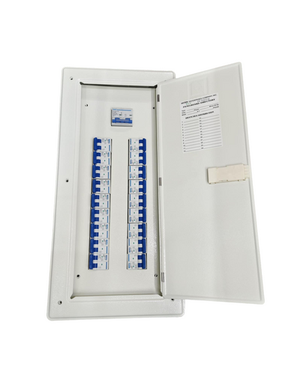 Electrical panel with 80A 2Pole Chint Miniature Circuit Breaker and multiple switches inside white metal box