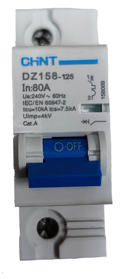 Chint 80A miniature circuit breaker DZ158-125 with blue switch and electrical ratings