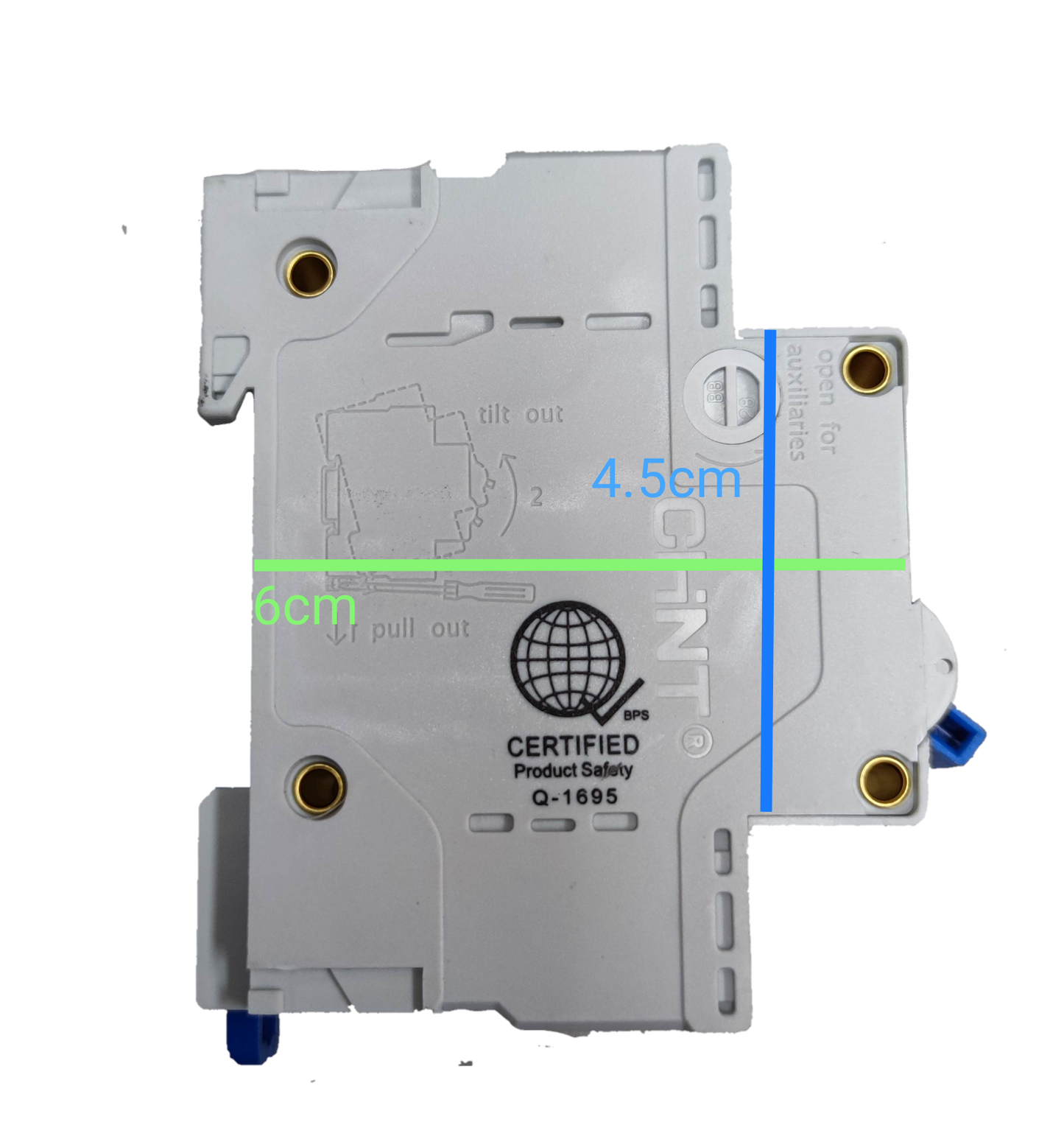 Chint 80A miniature circuit breaker in white with certification markings and mounting holes