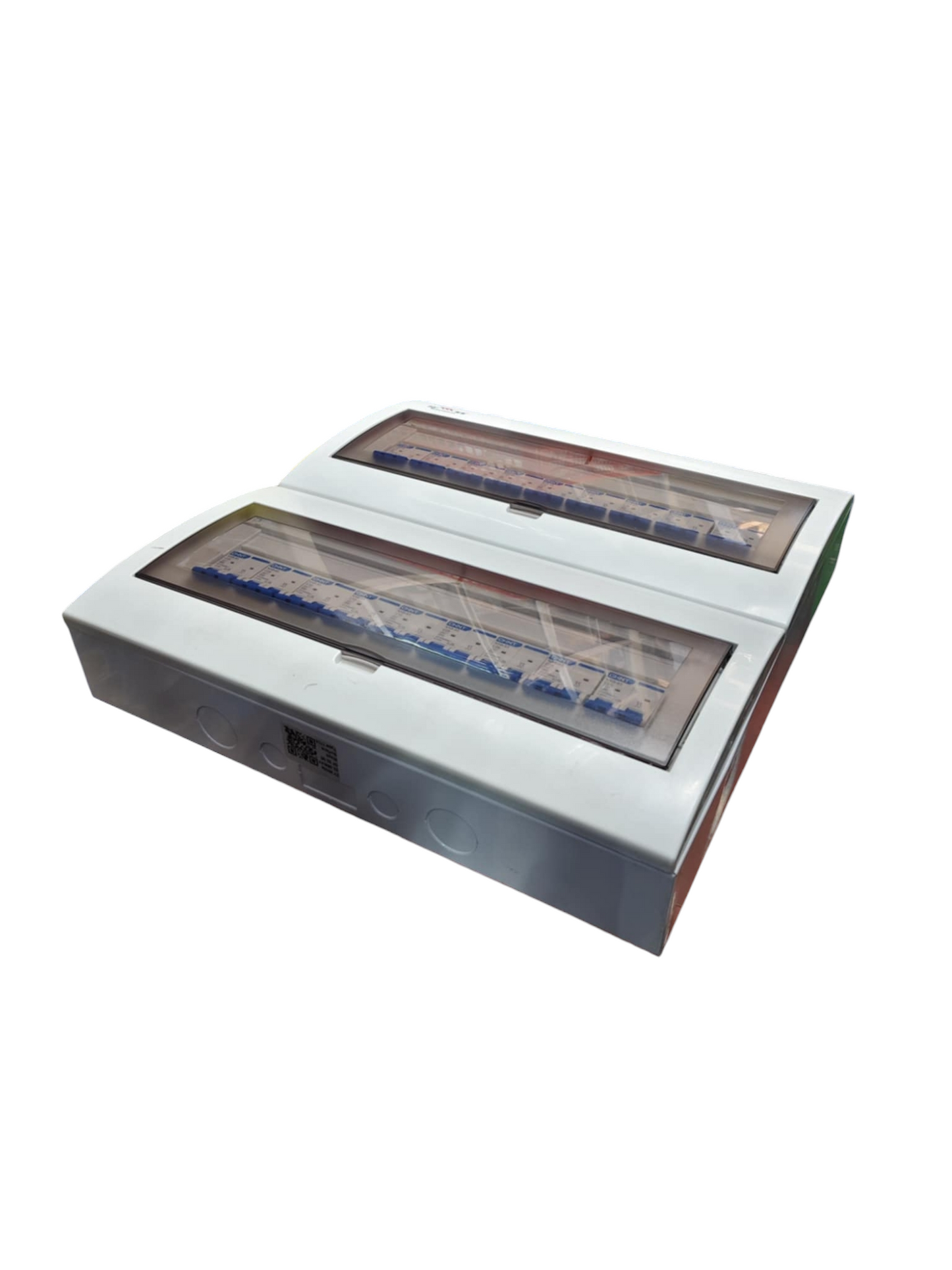 Chint NXB 2 pole breaker panel twin row white distribution enclosure with transparent covers showing multiple blue breakers