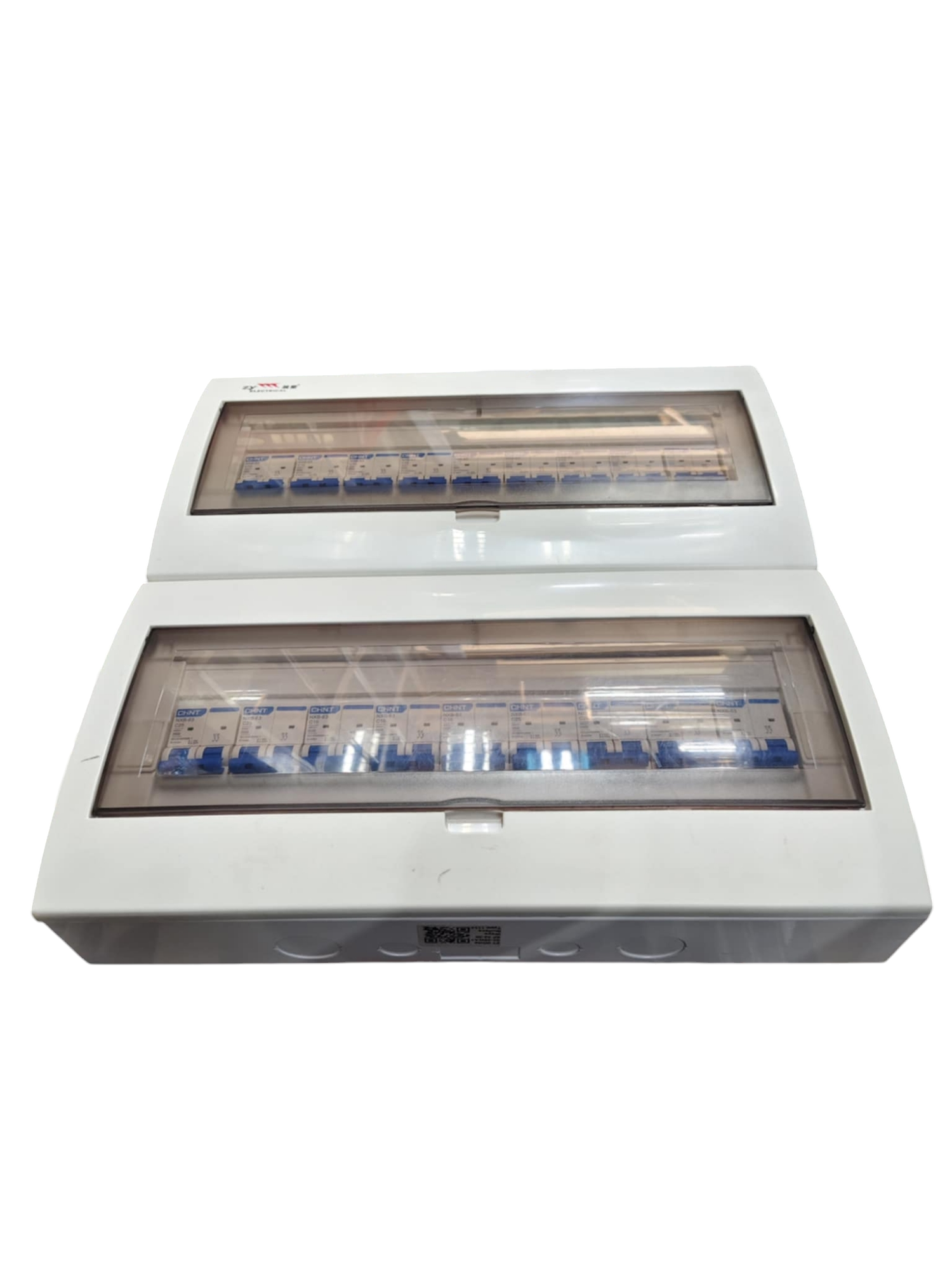 White Chint NXB 2 pole MCB panel board 63A 2 Pole dual row distribution box with transparent covers and blue breakers