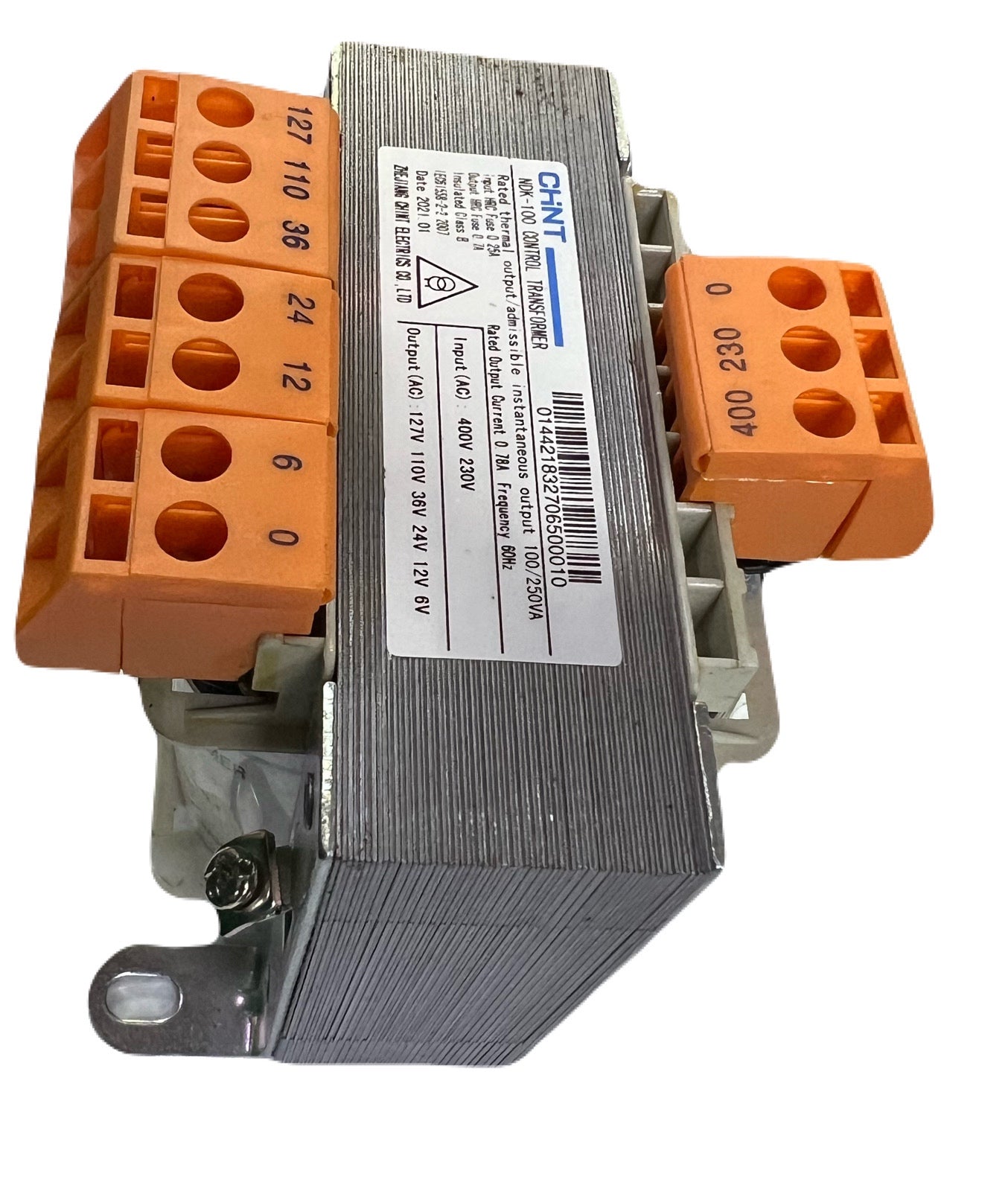 Chint control transformer 100VA NDK-100 with metal casing and multiple orange electrical terminals