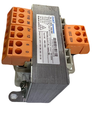 Chint control transformer 100VA NDK-100 with metal casing and multiple orange electrical terminals