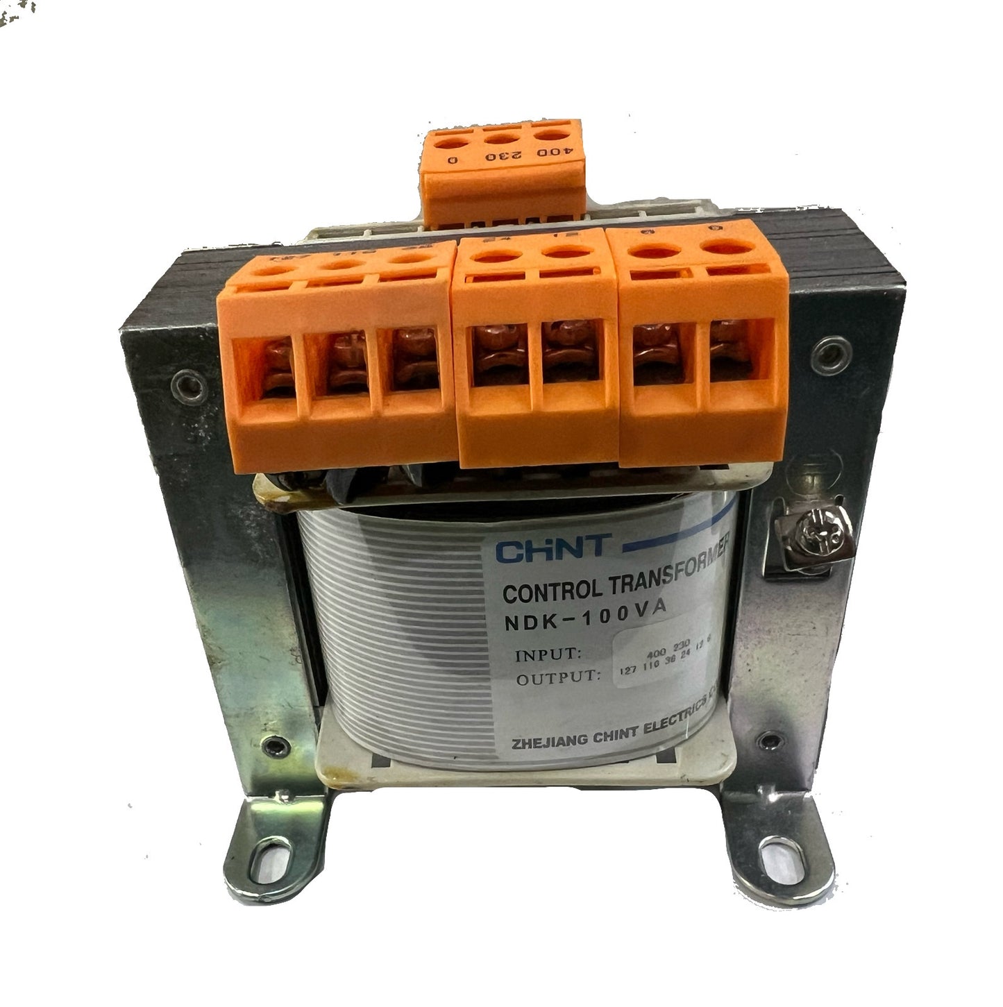 Chint Control Transformer 100VA NDK-100 with orange terminal blocks and metal mounting frame