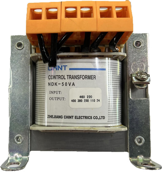 Chint Control Transformer 50VA NDK-50 industrial electrical component with metal frame and orange connectors