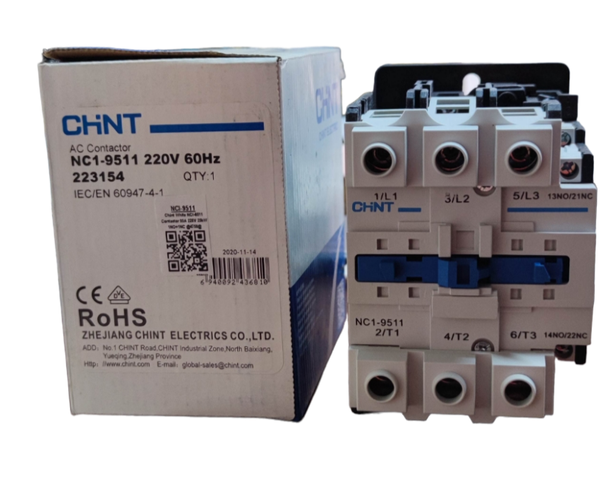 Chint Magnetic Contactor 110A 220V 1 NC-1NO for electrical power control with packaging box
