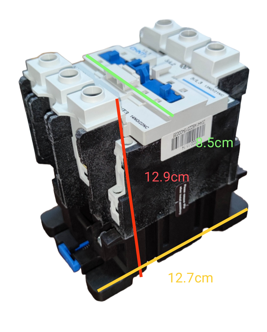 Chint Magnetic Contactor 110A 220V 1 NC-1NO with detailed measurements shown on product