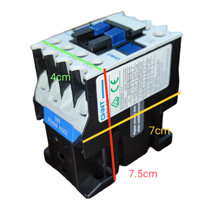 Chint Magnetic Contactor 25A 220V 1NO with labeled dimensions 7.5cm by 7cm by 4cm