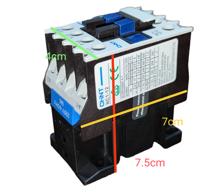 Chint Magnetic Contactor 25A 220V with labeled dimensions of 7.5 cm height 7 cm width and 4 cm depth