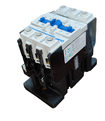 Chint Magnetic Contactor 80A 220V with black and white body and blue switch lever