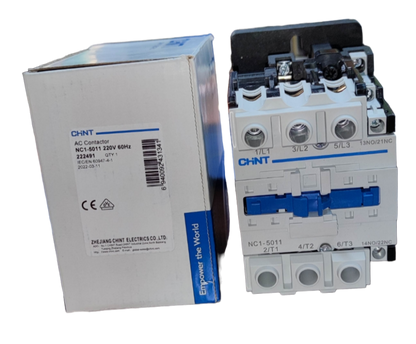Chint Magnetic Contactor 80A 220V electrical switch next to its labeled white and blue box