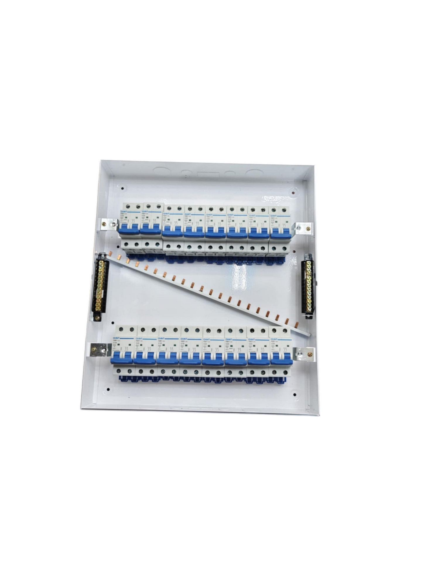 Chint NB1 Breakers Panel Board 63A 2 Pole electrical circuitry with multiple blue and white breakers inside a white metal enclosure