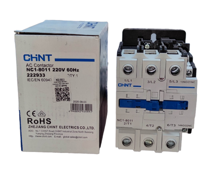 Chint AC Contactor NC1-8011 switch with operational current 80A 440V in white and blue with packaging box