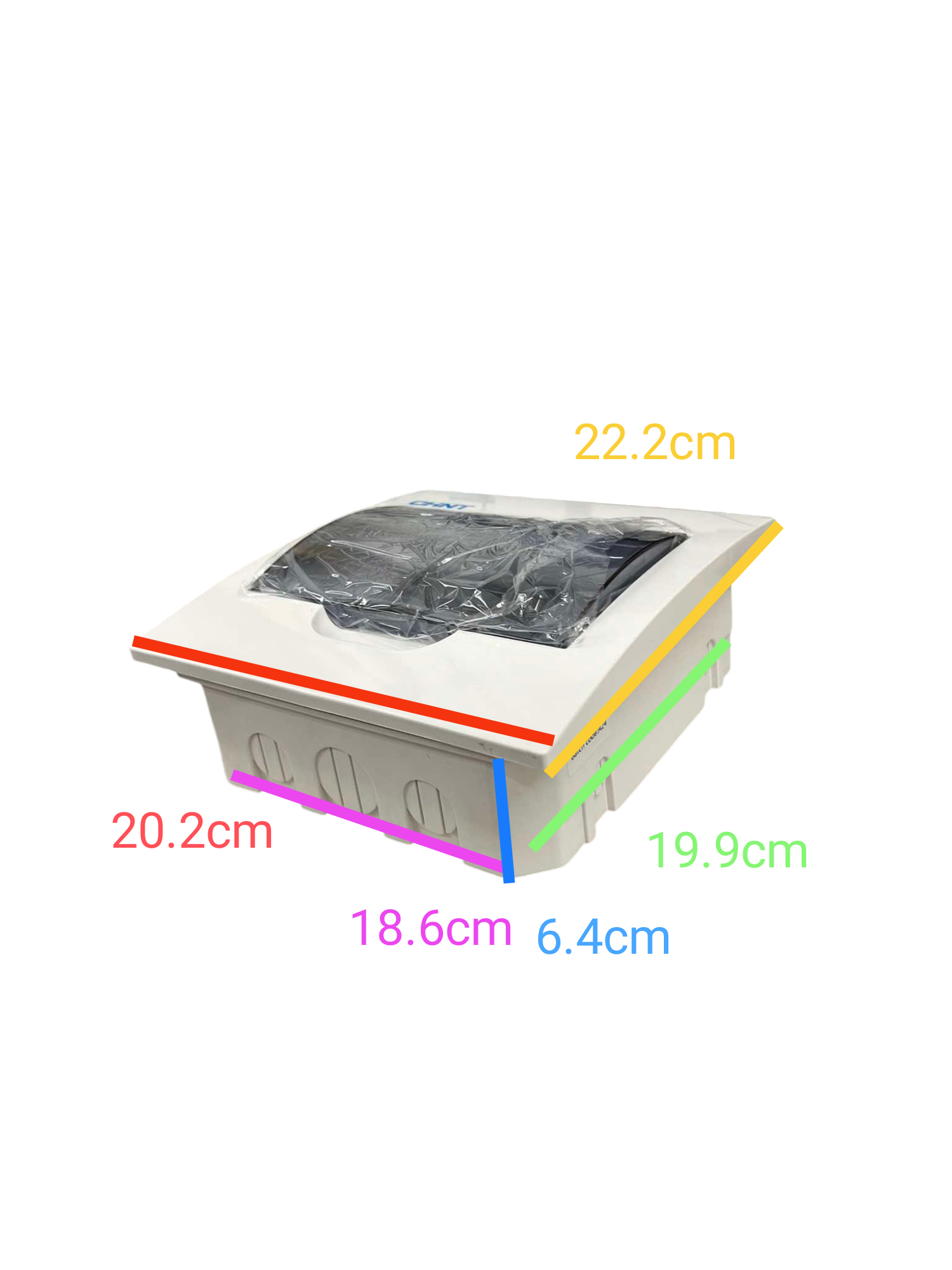 Chint 6 way panel board for safety switches with clear cover and dimensions displayed