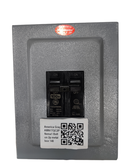 GE 2 pole single phase circuit breaker in a gray metal box with a 100A rating