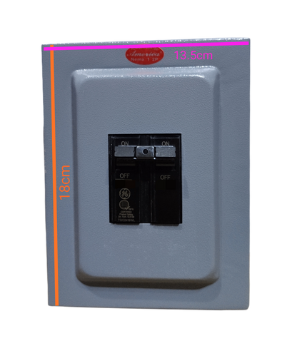 GE 2 pole single phase circuit breaker with clear ON/OFF switches and measurement markings