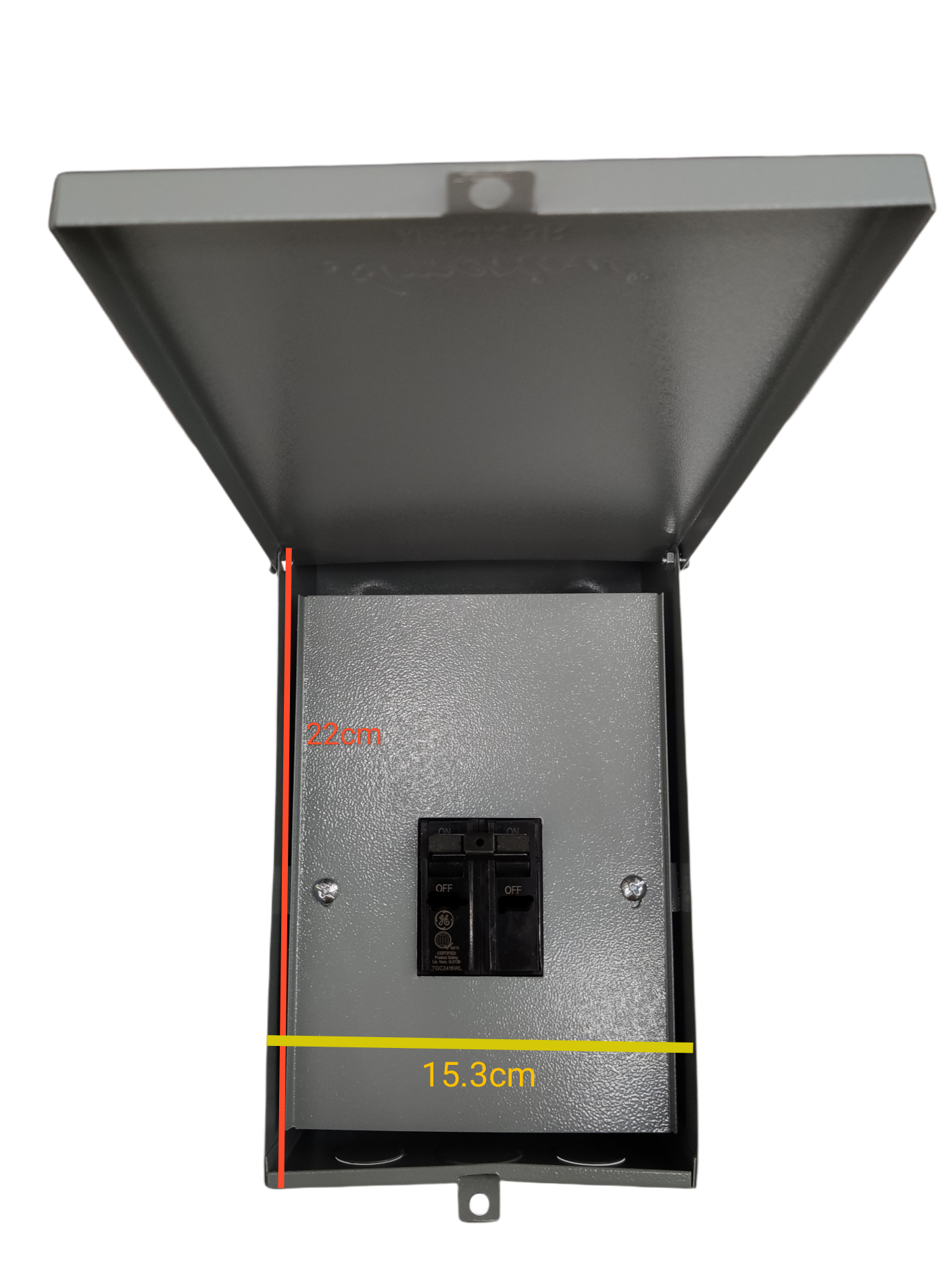 GE 2 pole single phase circuit breaker in a metal enclosure with precise measurements for installation