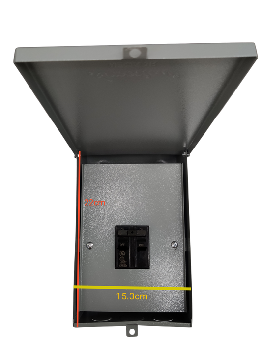 GE 2 pole single phase circuit breaker in a metal enclosure with precise measurements for installation