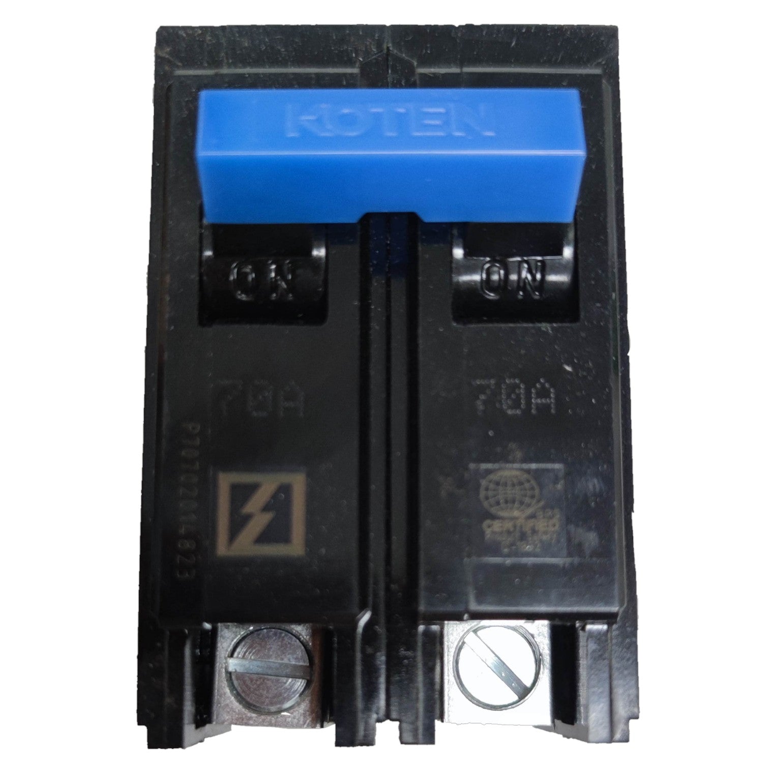 Koten Circuit Breaker 70A 2 Pole Plug-in with blue switch and clear labeling for easy identification