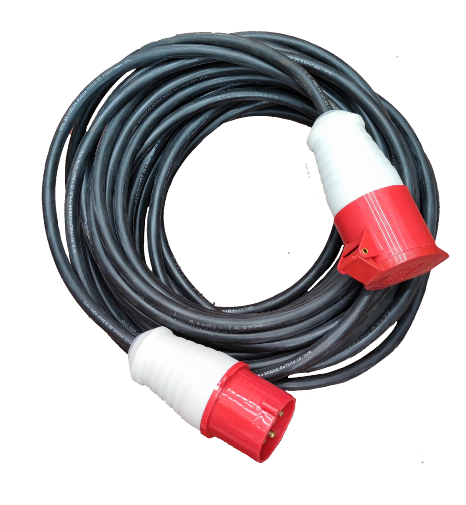 Grippes & Phelps Dodge 3 phase 4 pin power connector cable with red and white connectors coiled on black background