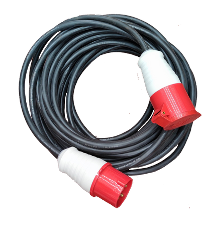 Grippes & Phelps Dodge 3 phase 4 pin power connector cable with red and white connectors coiled on black background