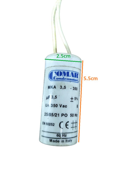 Commar 3.5uF motor run capacitor with white casing and wiring for electrical circuits