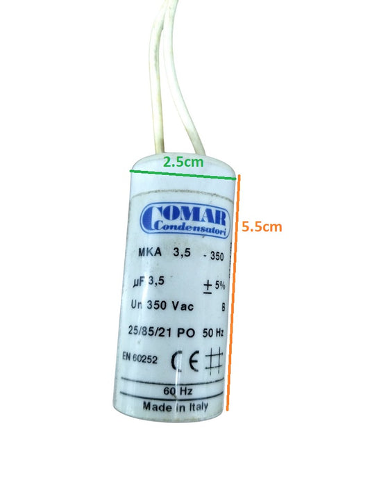 Commar 3.5uF motor run capacitor with white casing and wiring for electrical circuits