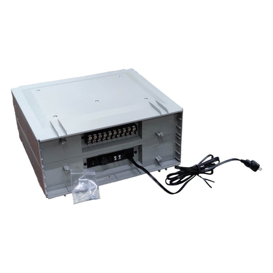 Electrical panel with wiring and plug on a white background