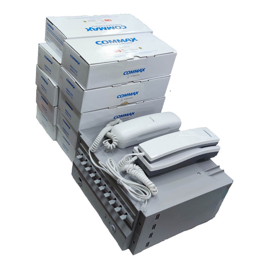 White office phone system with multiple boxes labeled 'Commax' on a white background