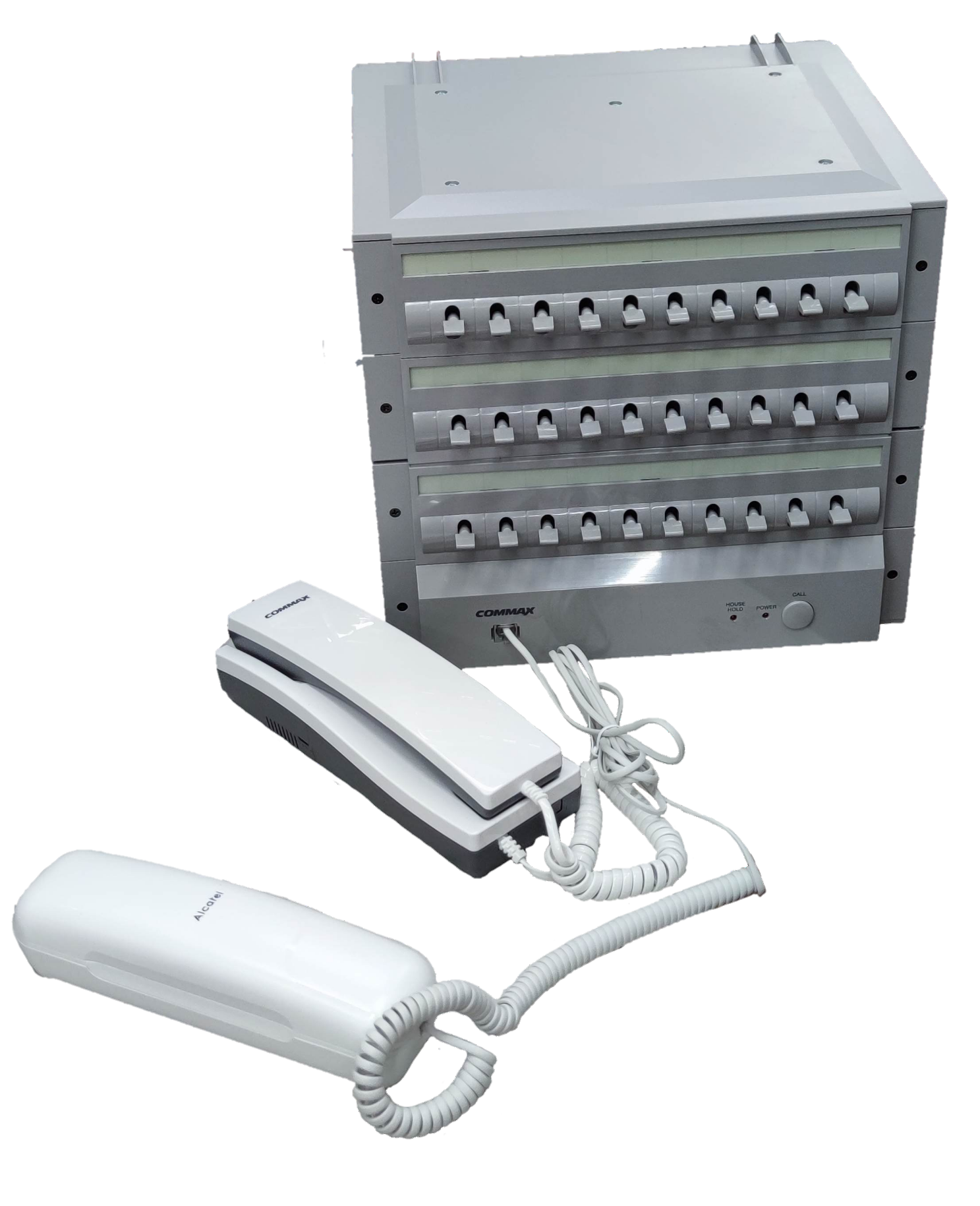 Commax 30 station intercom system with multiple white handset units and control panel for security communication