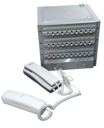 Commax 30 station intercom system with multiple white handset units and control panel for security communication