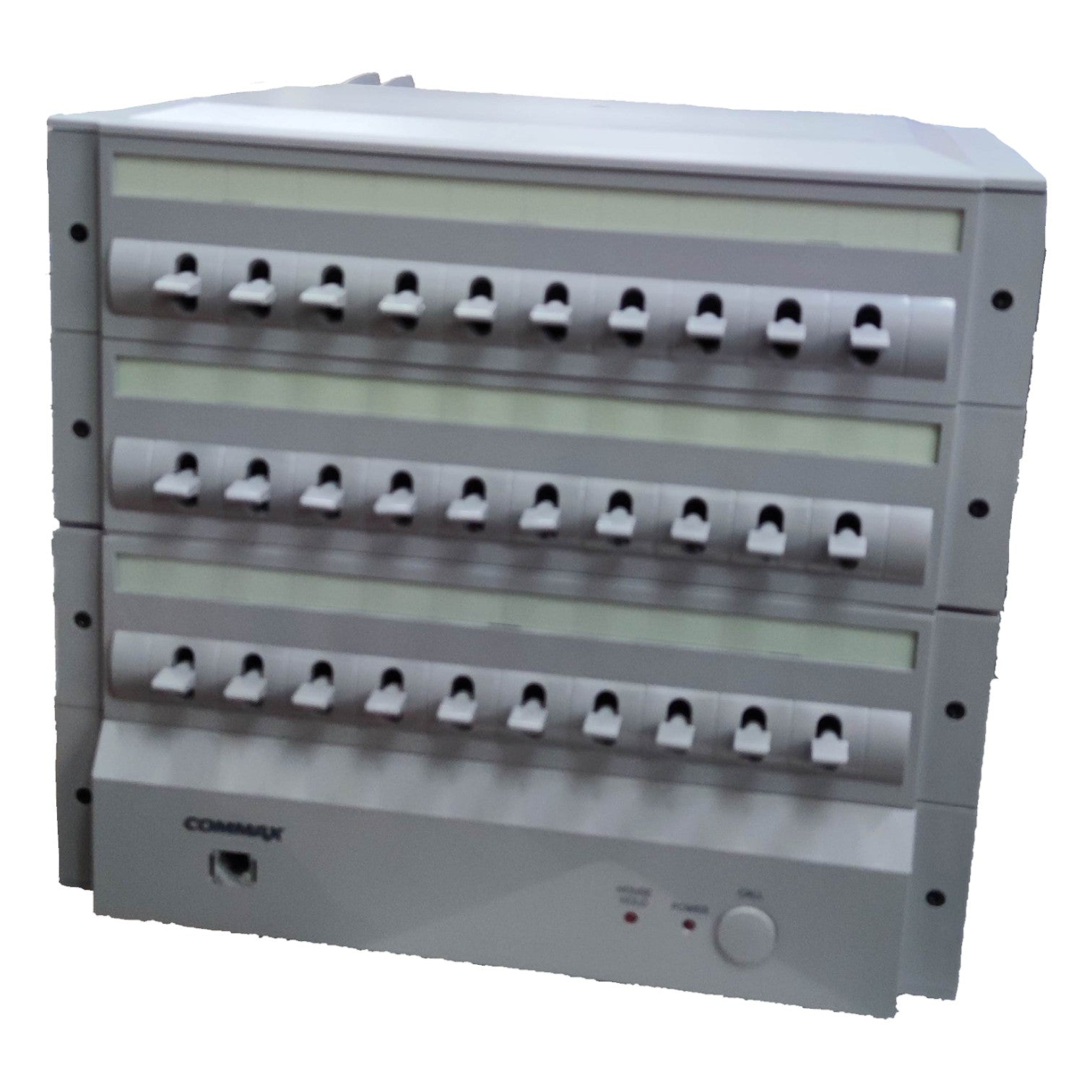 Metallic electronic panel with multiple ports on a white background Commax 30 Station Intercom System CLS-10 Expandable With Handset T06 with Expand Unit CLS-10T(L) with Expand Unit CLS-10T(R) and 30pcs Sub-Station , 1pc CLS-10 + 1pc CLS-10T(L) + 1pc CLS-10T(R) + 30pcs TP-S + 1pc T06