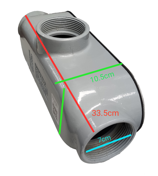 Gray metal Conduit Bodies Threaded Tee Type with threaded openings and measurement markings