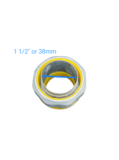 Liquid tight straight connector for 1 1/2 inch or 38mm pipes and hoses with durable material