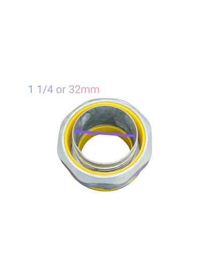 Liquid tight straight connector for 1 1/4 inch or 32mm pipes with durable metal and rubber design