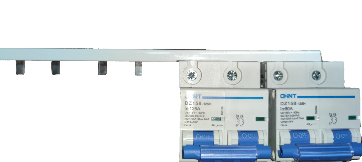 Grippes Bus Bar 2P for 2Pole 3 Module connected to circuit breakers in electrical circuitry setup